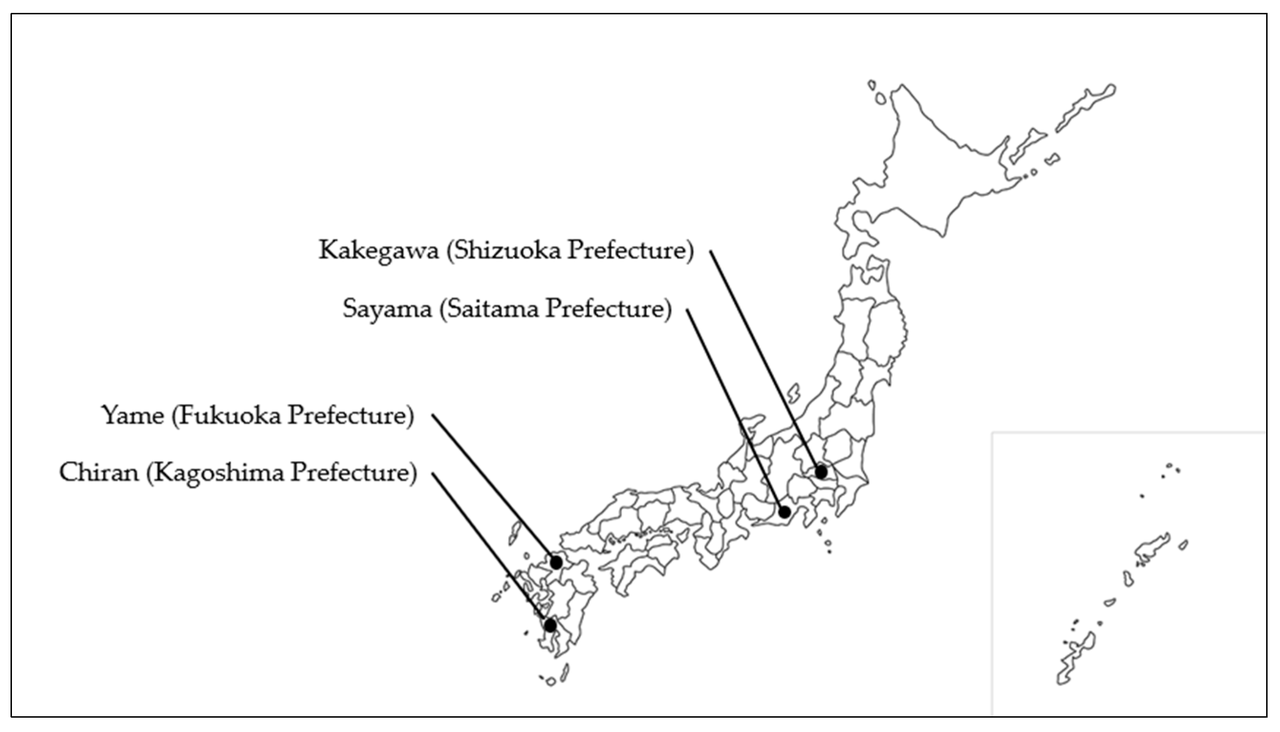 Hình: Phân bố địa lý của các khu vực sản xuất trà xanh Nhật Bản được đề cập trong nghiên cứu của Akiyama và cộng sự (2025) [6]